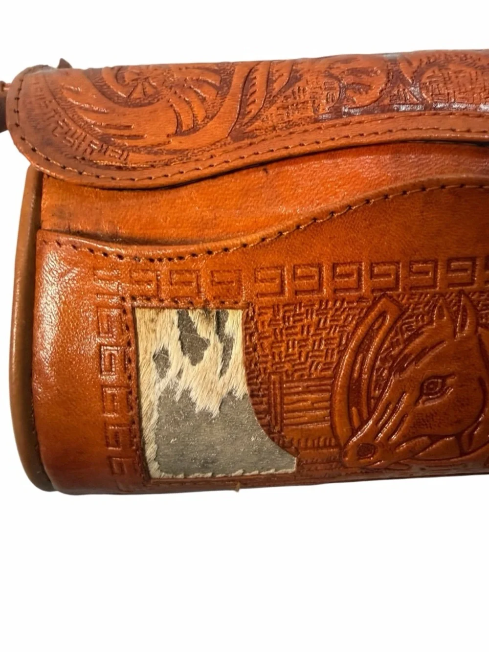 Vintage Cross body Bag Made In Mexico Brown Leather Horse Hair Rose Purse